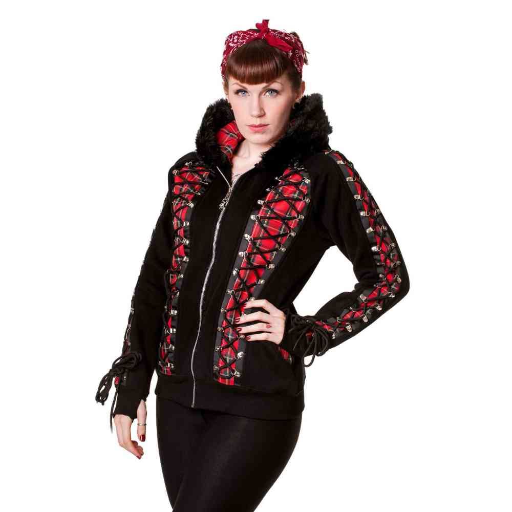 Banned - Tartan Corset Vest met capuchon - Zwart/Rood Product image